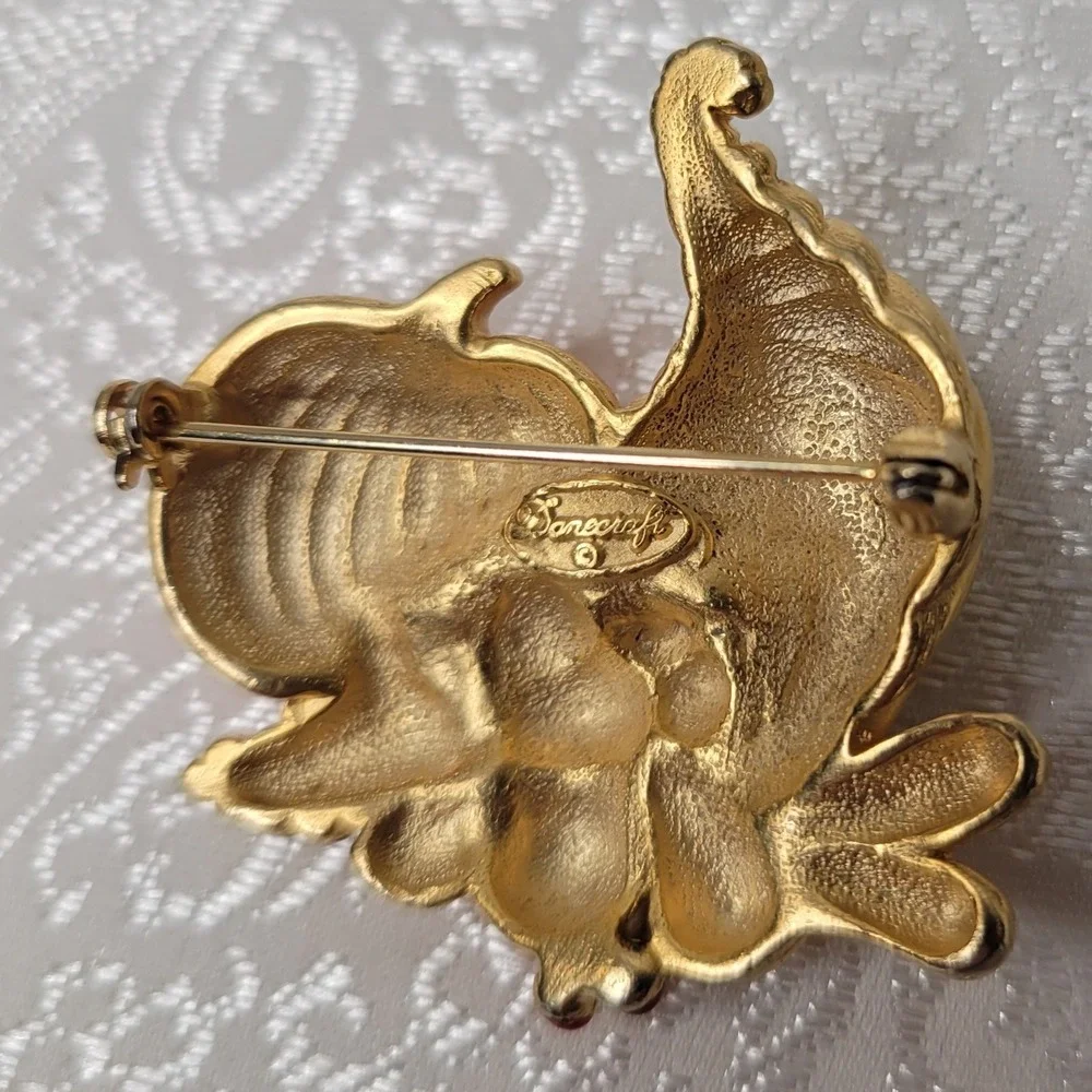 VTG Gold‎ Tone Cornucopia Brooch Danecraft Festive Fall Harvest Thanksgiving - Picture 4 of 8